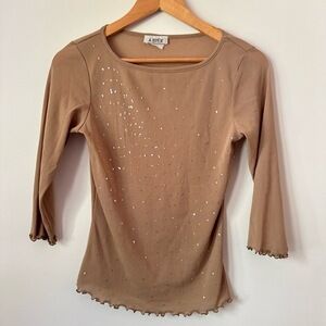 Y2K Brown Sequin Top Sz L Long Sleeve Mesh Baby Tee Fitted Tight Stretch Vintage